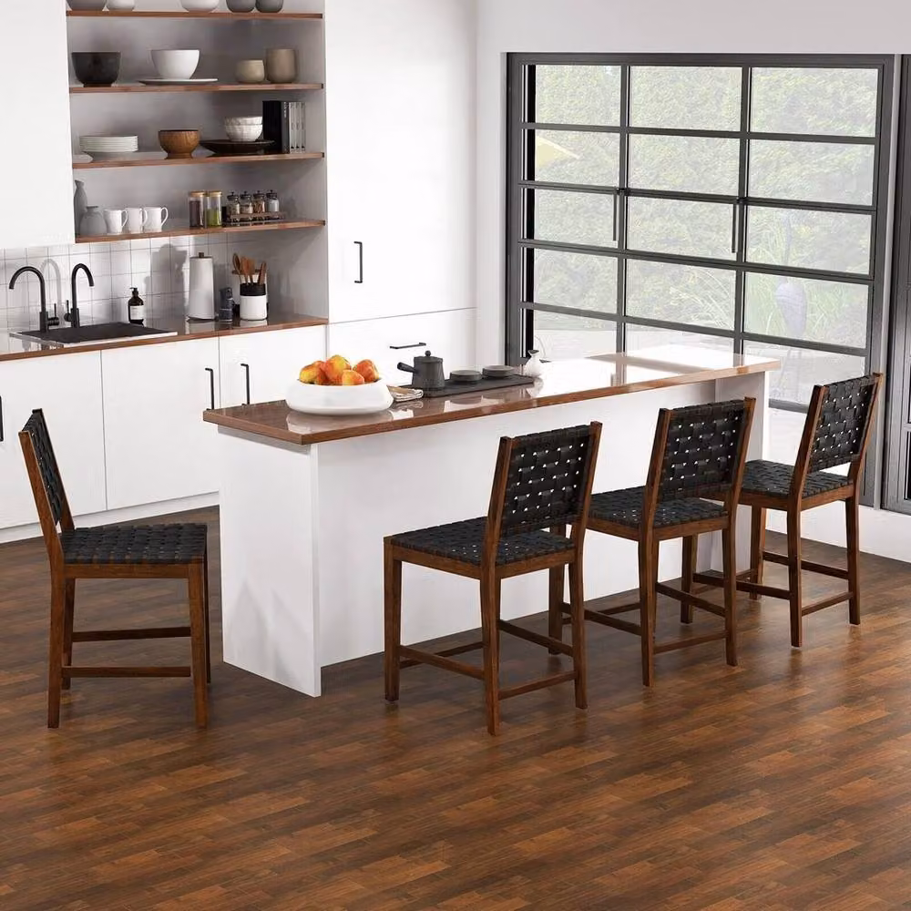 Havendro Set of 2 Multicolour Woven Counter Height Bar Stools with Synthetic Leather and Acacia Wood – 4