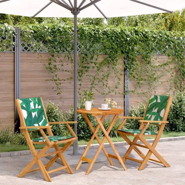 Berkfield Home 3 Piece Acacia Wood Bistro Set with Green Floral Fabric Leaf Pattern – 1