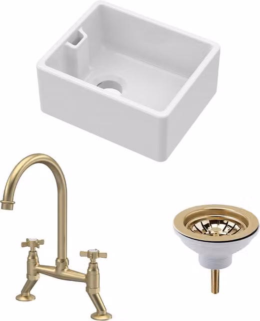 Balterley White Ceramic Compact Single Bowl Belfast Undermount Sink with Strainer Waste and Bridge Tap