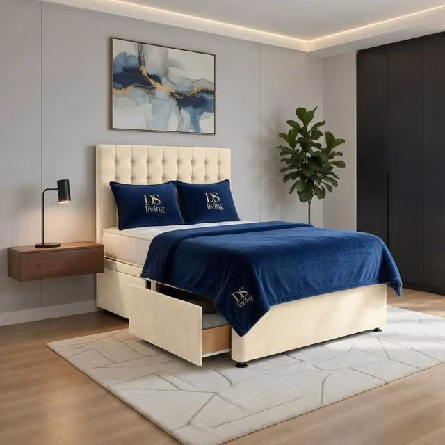 DS Living Casia Cream Velvet Upholstered Drawer Bed, Super King, 200 x 200 cm