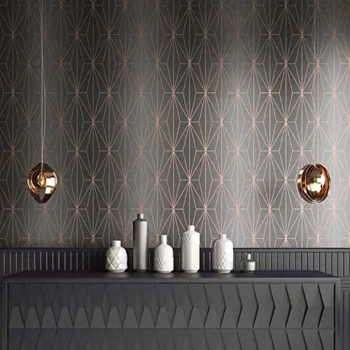 Muriva Kayla Geometric Art Deco Vinyl Wallpaper in Blush and Silver, 10m Roll – 2
