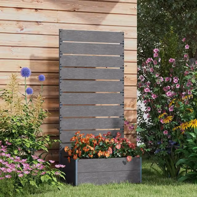 Outsunny Grey Raised Garden Bed with Trellis and Drainage Hole