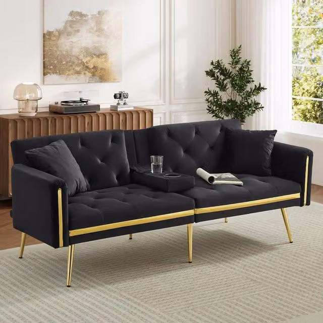 Aosom UK Black Velvet Two-Seater Convertible Sofa Bed with Adjustable Backrest and Cup Holders, W/D/H: 174 x 76 x 71.5 cm