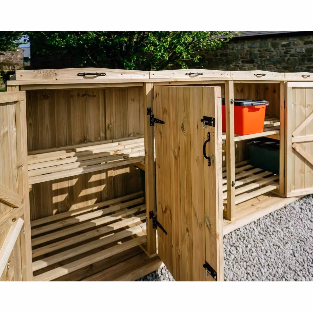 Buttercup Farm Chatburn 8 Recycle Box Store in Brown Timber with Pent Roof and Shelving, W/D/H: 120 x 80.4 x 239 cm – 4