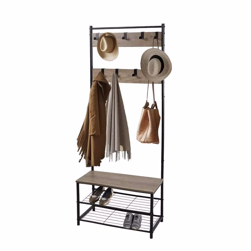 PAWNORA Hall Tree with Bench and Shoe Storage, Rustic Brown Metal Coat Rack Stand – 4