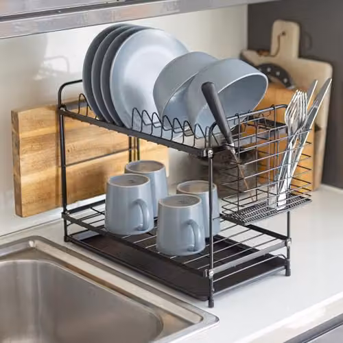 Harbour Housewares 2 Tier Metal Dish Drainer Rack with Drip Tray and Cutlery Holder, Black, W/D/H: 40.0 x 30.0 x 21.0 cm – 2