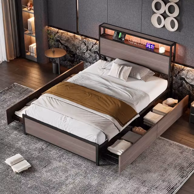 Aosom.UK Metal Single Bed in Grey with LED Light Strip, 4 Drawers and 3 USB Ports, W/D/H: 90.5 x 207 x 105 cm – 1