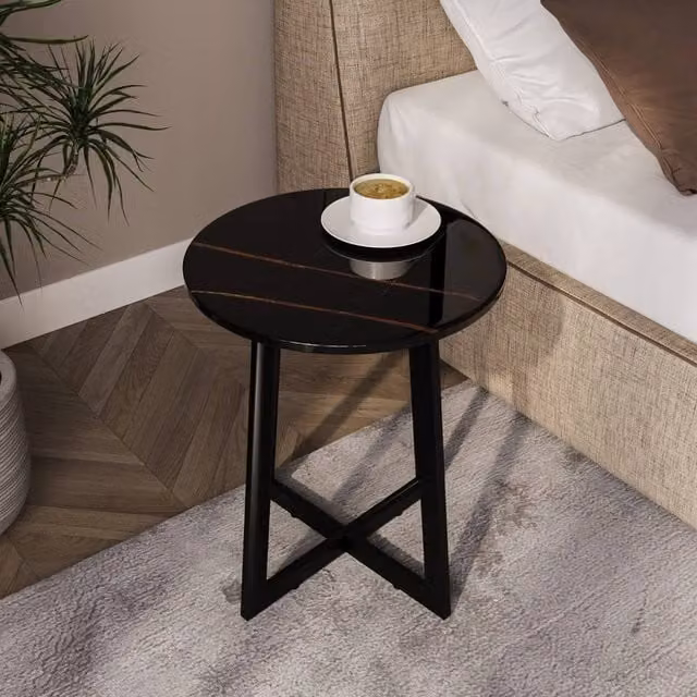 Havendro Black Marble Look Round Coffee Table with Steel Frame, W/D/H: 50 x 50 x 40 cm – 1
