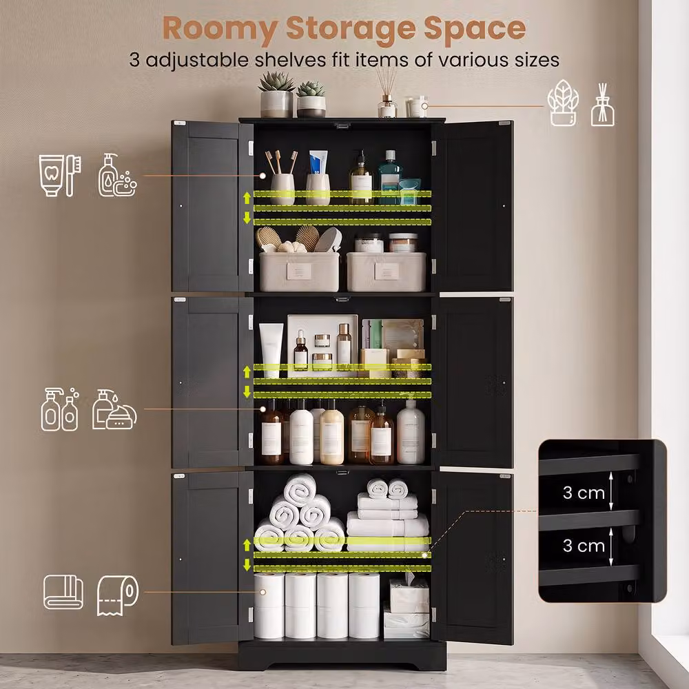 Gymax Tall Black Freestanding Bathroom Storage Cabinet with 6 Hinged Doors – 6