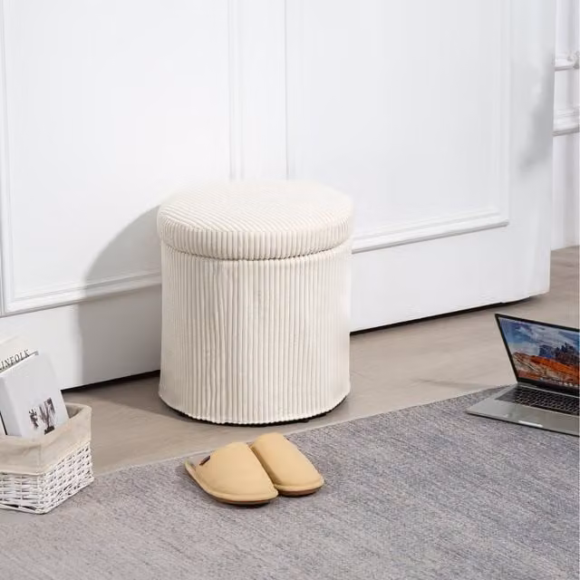 HOMCOM Round Corduroy Storage Ottoman Stool with Lid in Beige