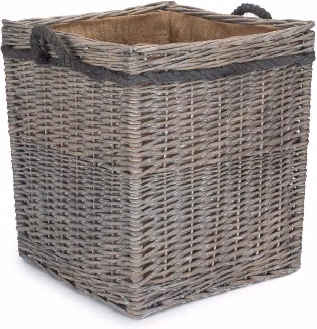Red Hamper Small Wicker Log Basket in Grey Wash with Hessian Lining – 3