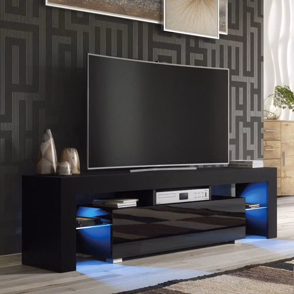 Mex Furniture LTD Aria TV Unit in Black with Glossy Doors and LED Lights, W: 160 cm, D: 35 cm, H: 45 cm – 3