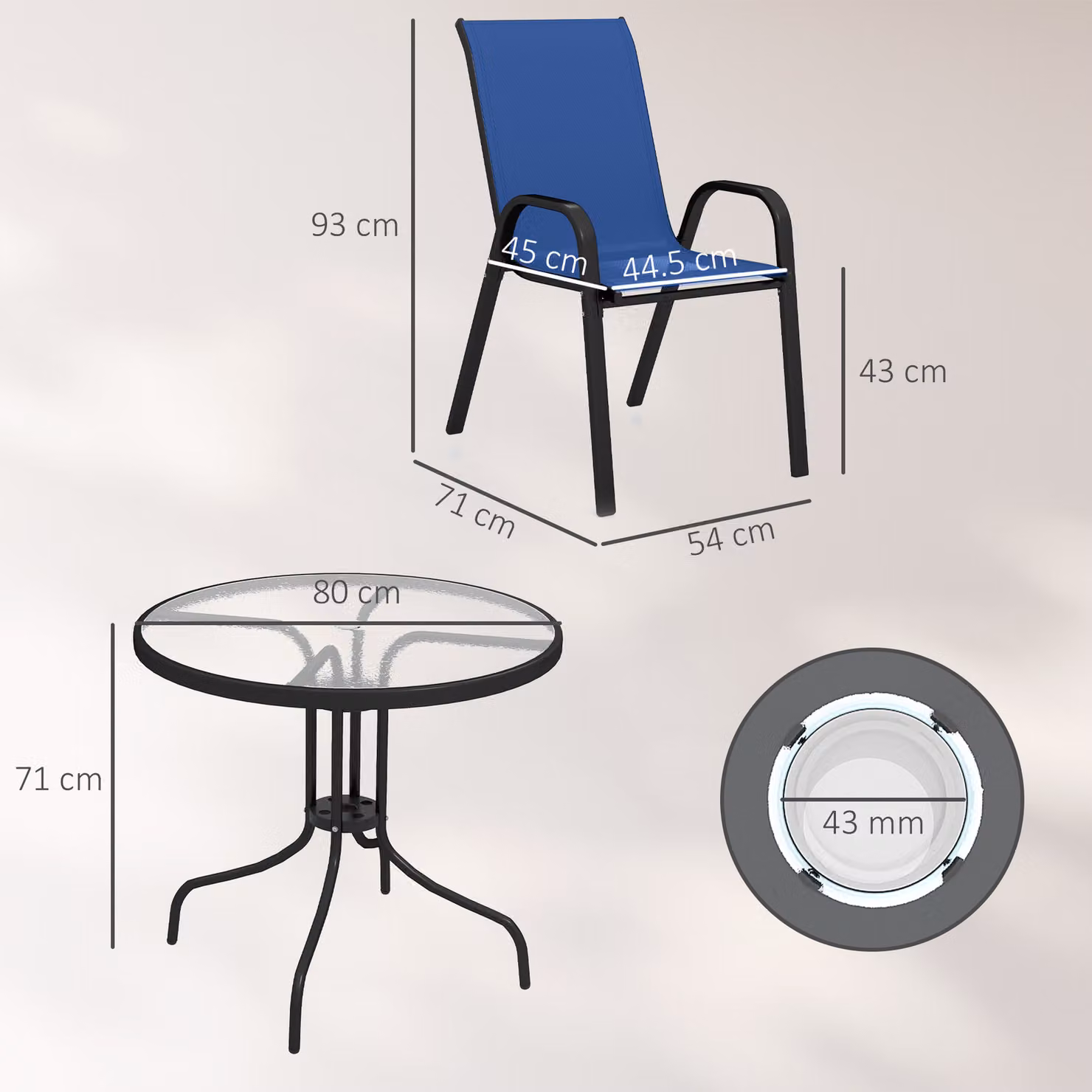 Outsunny Five-Piece Modern Steel Patio Set with Round Glass-Top Table in Blue – 3
