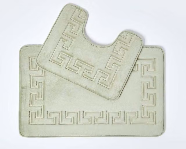 Homescapes Sage Green Memory Foam Bath Mat and Pedestal Set with Greek Key Design, W/D: 50 x 80 cm