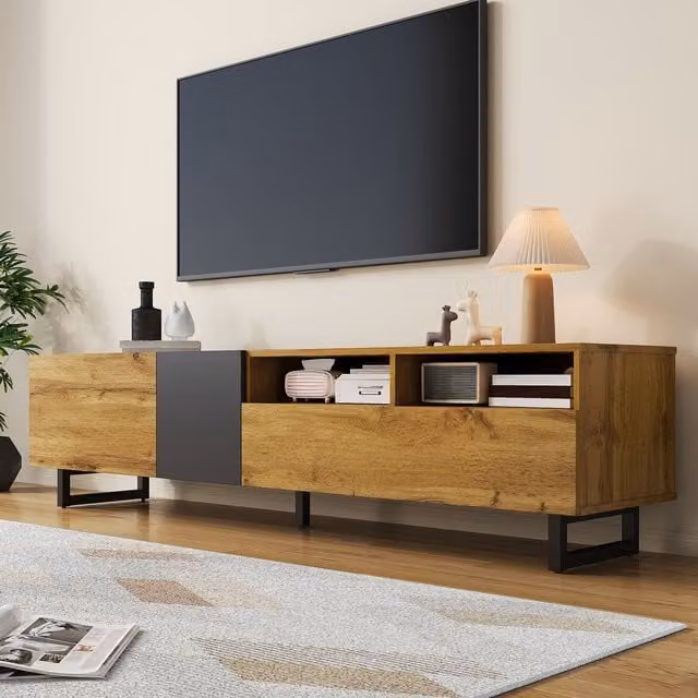Matteo Colorblock TV Cabinet in Dark Grey and Brown with Retro Wood Grain and Three Door Storage, W/D/H: 170.0 x 42.0 x 36.5 cm – 1