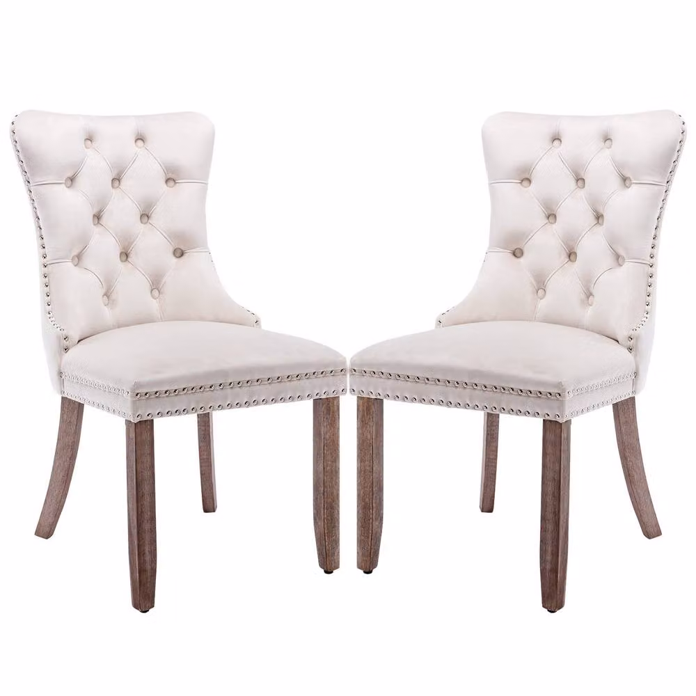 Modern Home Touch Romsey Set of 2 Velvet Upholstered Dining Chairs with Oak Legs and Knocker Ring Back in Beige – 2