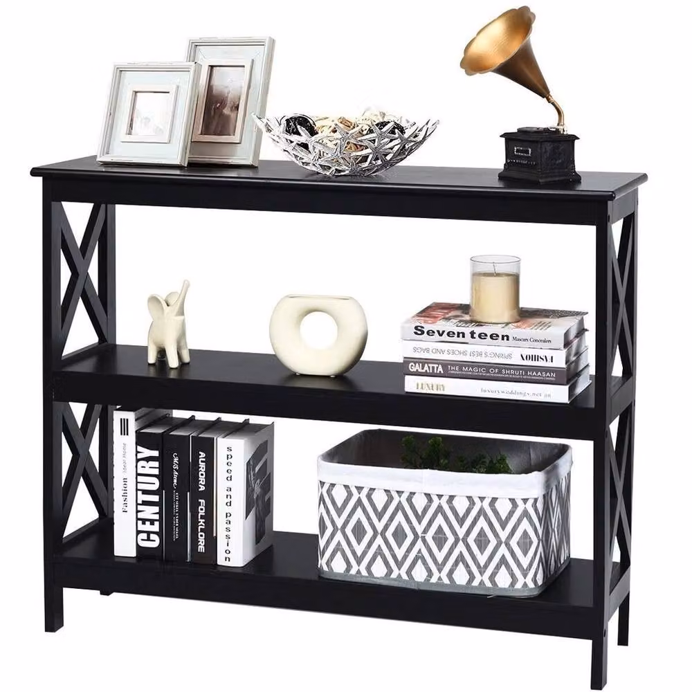 VOGREX 3-Tier X Design Console Table in Black Wood with Shelf – 3