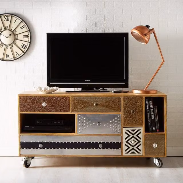 IH Design Modern Abstract Wood Media Unit in Multicolour and Brown