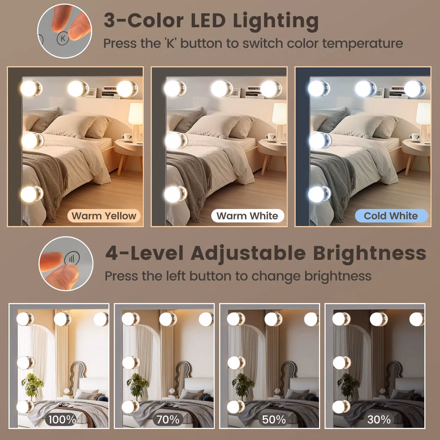 Costway Hollywood Style LED Vanity Mirror in White with 3 Colour Lighting Modes – 3