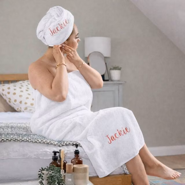 Duncan Stewart Women's Personalised Towelling Sarong and Hair Turban Wrap Set in White – 3