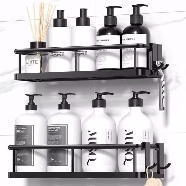 NESTLUNE 2-Piece Black Metal Wall Mounted Corner Bathroom Shelf Set with Hooks