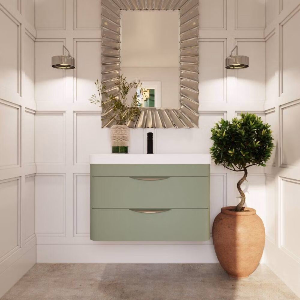 Balterley Wave 800mm Wall Hung 2 Drawer Vanity Unit with Thin-Edge Ceramic Basin in Satin Green – 2