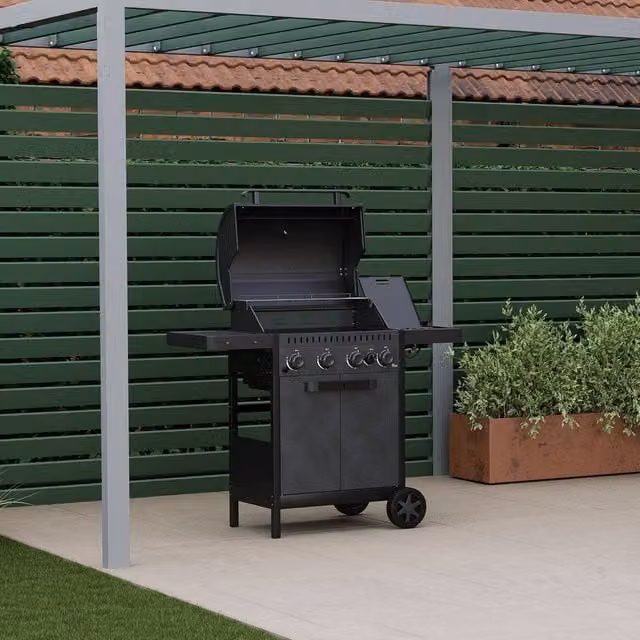 Charles Bentley Ottimo 350 4-Burner Gas BBQ in Grey with Side Burner, Cast-Iron Grids and Storage Cabinet, W/D/H: 123 x 58 x 110 cm