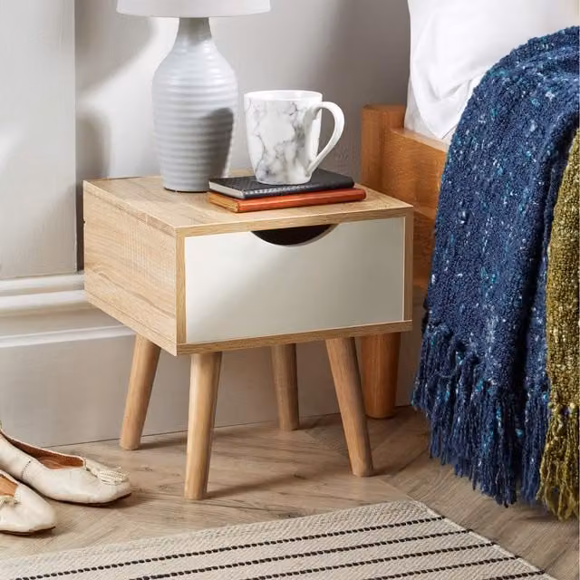 Home Source Boden Oak Wood 1 Drawer Bedside Table Bedroom Storage Unit in White and Yellow