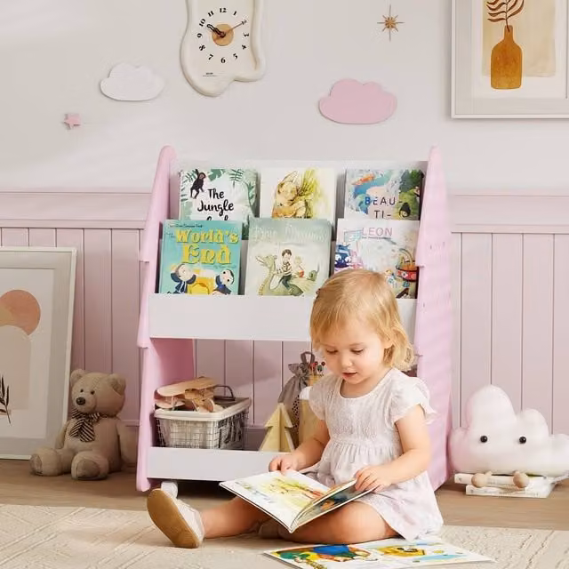 AIYAPLAY Double-Sided Children's Bookcase with Wheels, Pink