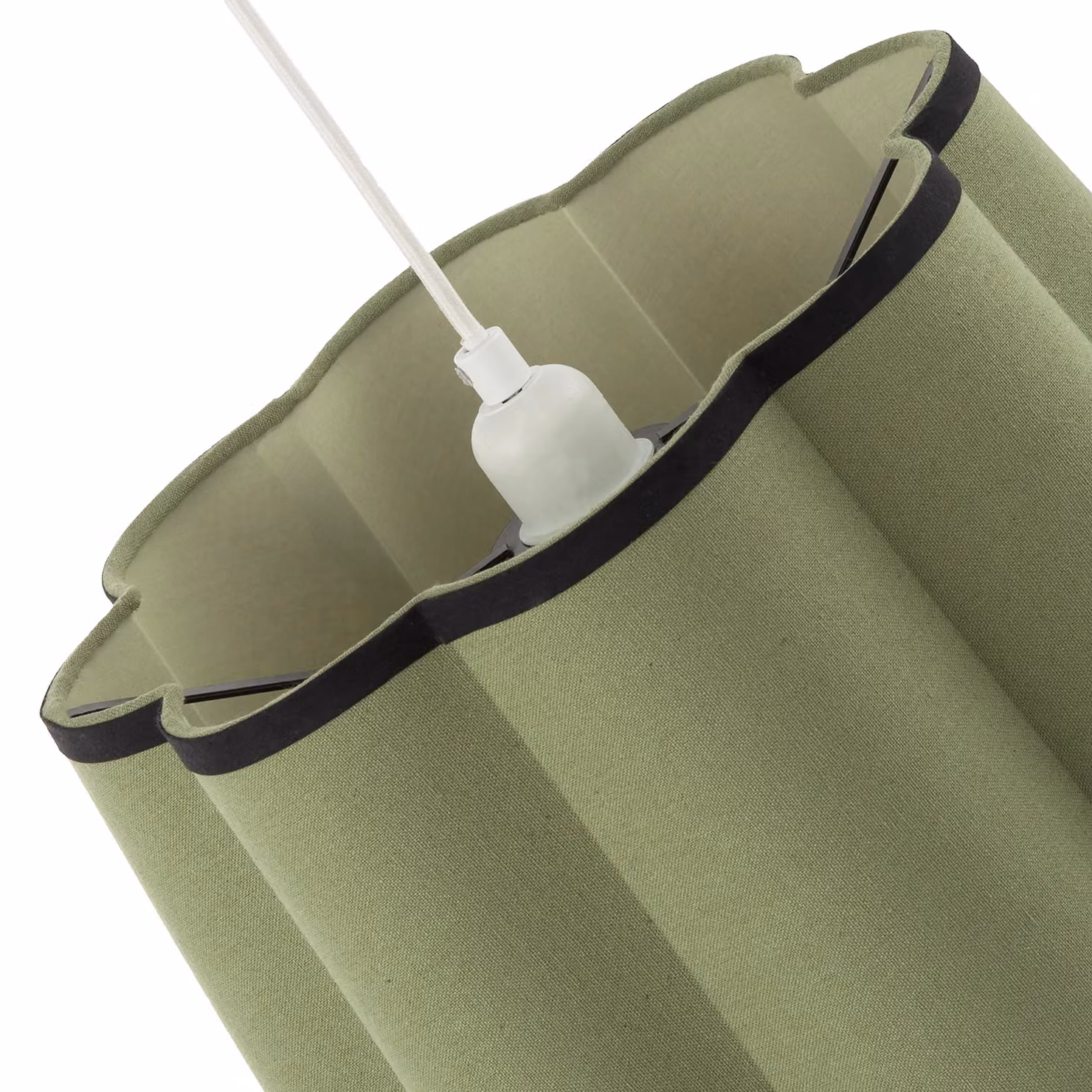 Happy Homewares Olive Green Linen Scallop Drum Lamp Shade with Black Cotton Trims, Diameter: 35 cm, Height: 23 cm – 3