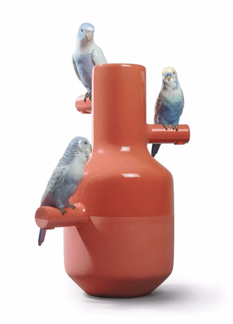 Lladró Parrot Parade Porcelain Vase in Coral and Orange