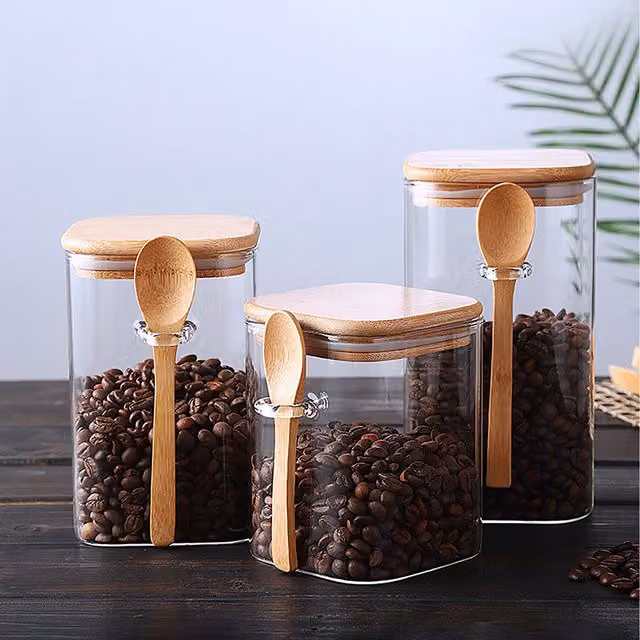 Lifeideas 3 Piece Set of Transparent Glass Storage Jars with White Bamboo Spoons