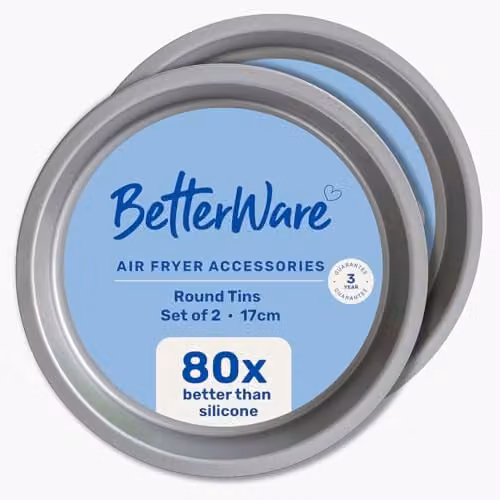 BetterWare Non-Stick Carbon Steel Air Fryer Cake Tin Set of 2, Silver and Grey, Diameter: 17 cm