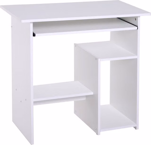 HOMCOM Compact White Wooden Computer Desk with Keyboard Tray and Storage Shelf for Home Office
