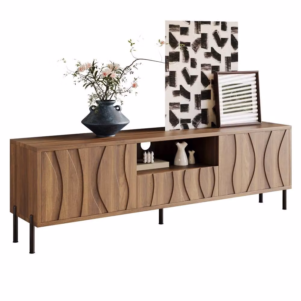 Merax Modern Wave Front TV Unit in Walnut with Three Doors and Iron Legs, W: 160 cm, D: 35 cm, H: 46 cm – 3