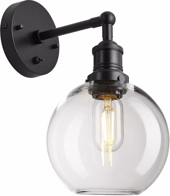 Industville Brooklyn Glass Globe Wall Light in Black and Transparent Glass