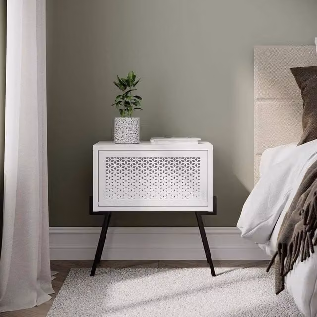 ERGOVEXA White 1 Door Bedside Cabinet with Black Metal Legs and Matt Handless Push Open Design