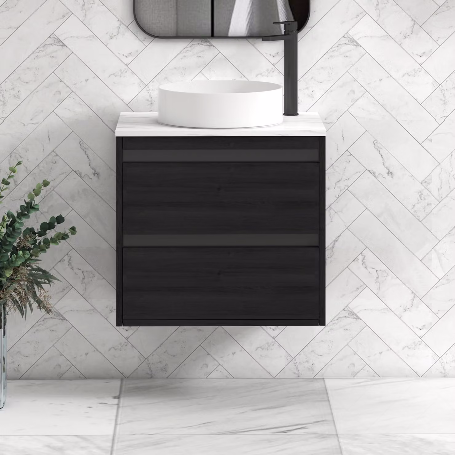 Royal Bathrooms Orion 800mm Wall Hung Vanity Unit in Hale Black with Carrara White Countertop, Art Basin and Black Accent Trim