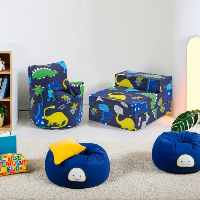 Ready Steady Bed Dino Dark Printed Kids Bean Bag Armchair and Folding Z Bed Mattress in Blue