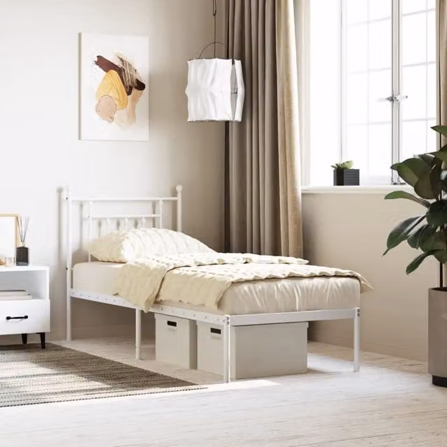Berkfield Home Metal Bed Frame with Headboard in White, W/D/H: 75 x 190 cm Small Single