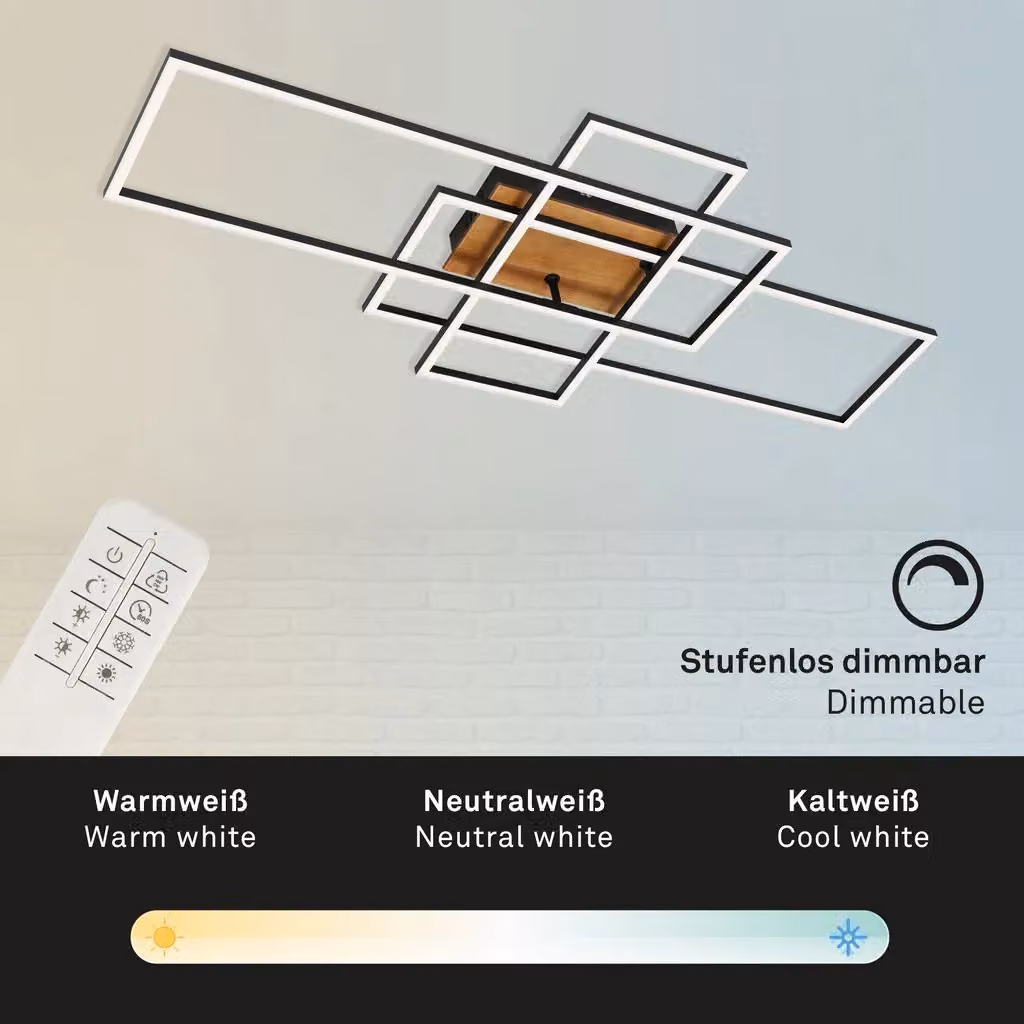Briloner Black and Wood Modern Rectangular LED Ceiling Light with Remote Control and Dimmer Function – 4