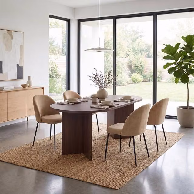 FWStyle 5 Piece Dining Set with Walnut Rectangular Table and 4 Mustard Yellow Upholstered Chairs, W: 180 cm, D: 90 cm, H: 75 cm – 1