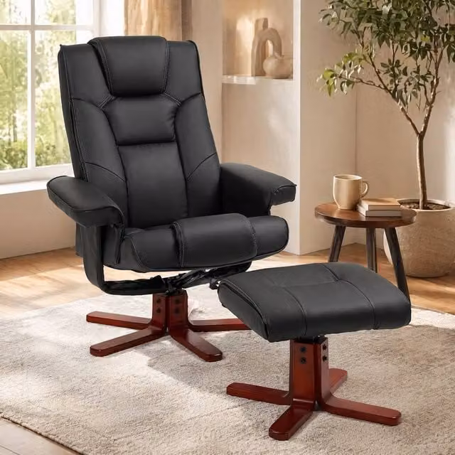 STILVORA Manual Recline Relax Recliner and Matching Footstool Set in Black Synthetic Leather – 1
