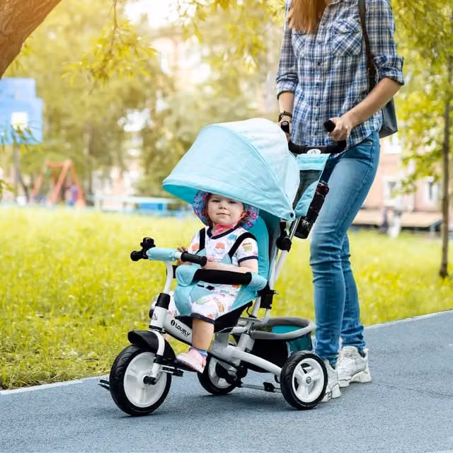 HOMCOM 6-in-1 Kids Tricycle with Canopy and Push Handle, Green
