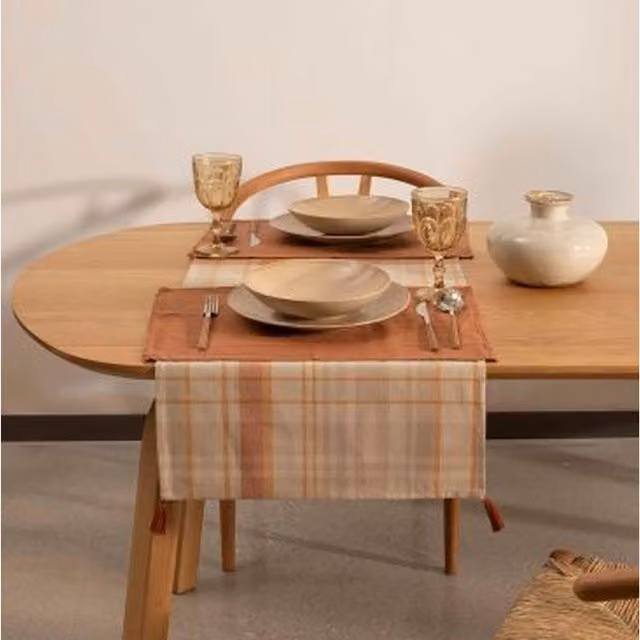 The Mia UK Checked Half Linen Table Runner in Beige and Brown