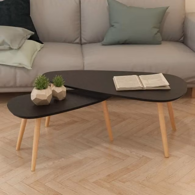 Berkfield Home 2 Piece Black Scandinavian Nesting Coffee Table Set with Oval Pine and MDF Tops – 1