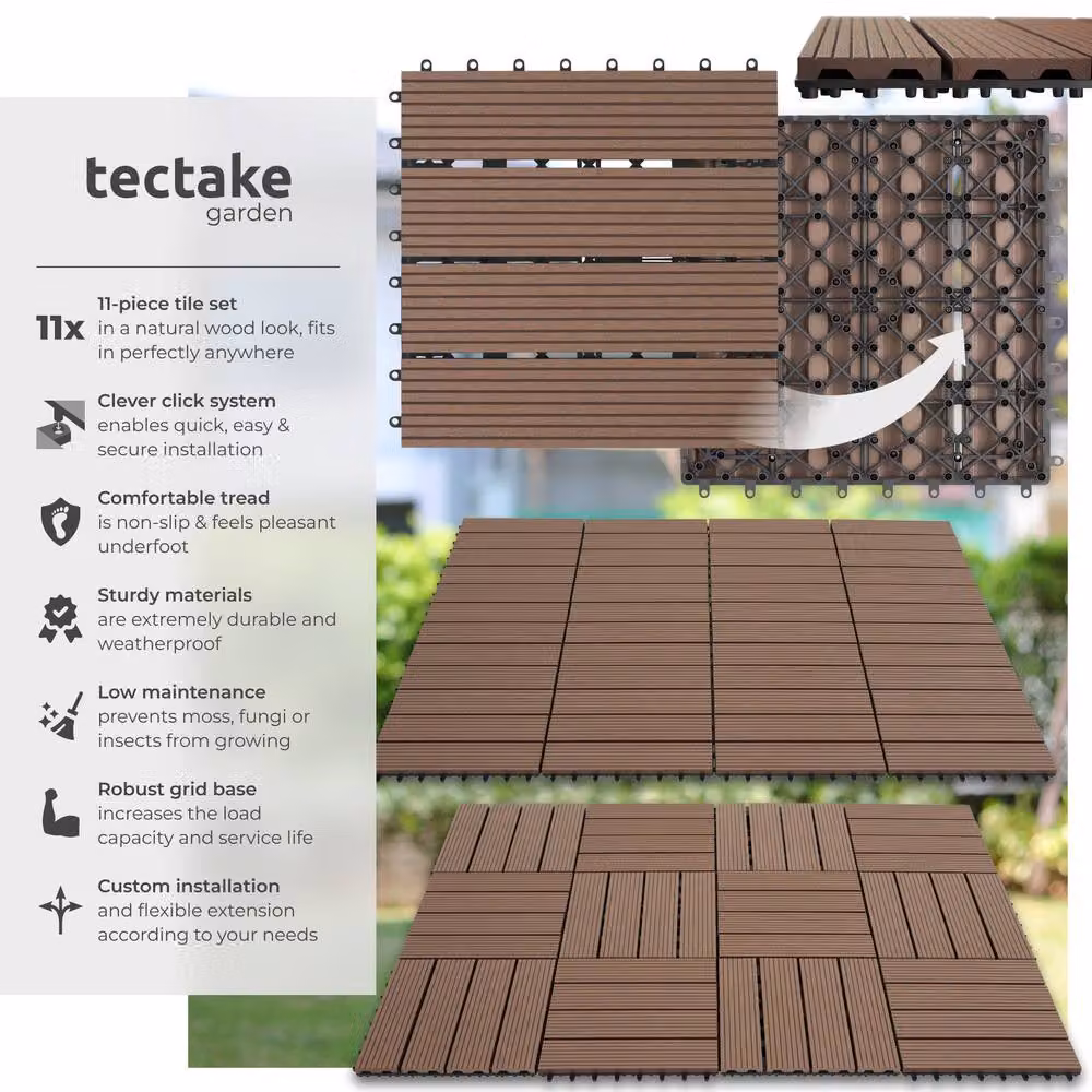tectake Set of 11 Tegulas Brown Click System Outdoor Plastic Tiles – 2