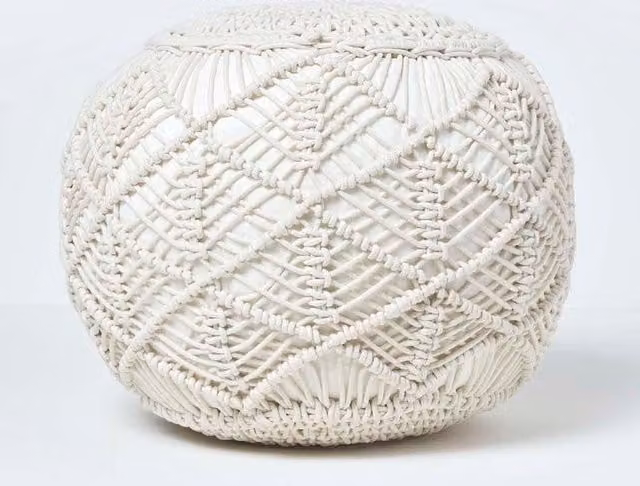 Homescapes Macrame Knitted Cotton Pouffe in Beige and White, W/D/H: 35 x 40 x 35 cm
