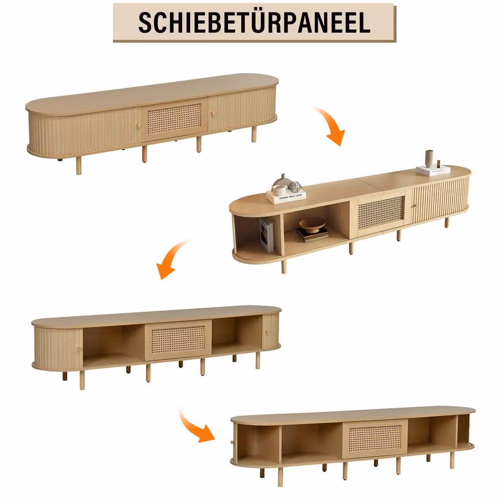 Rolipo Oval Rattan TV Cabinet in Light Oak Wood, Width: 180 cm – 3