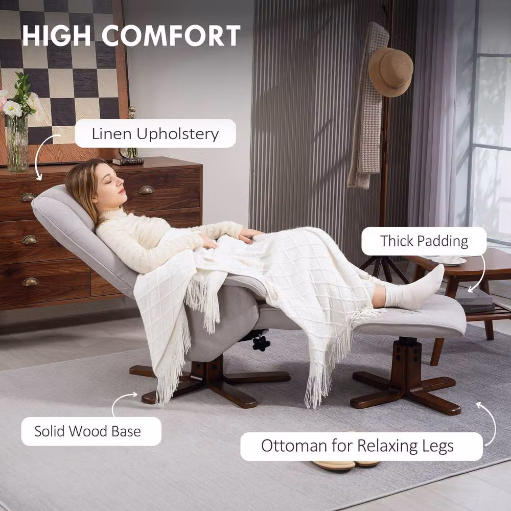 HOMCOM Swivel Recliner Chair with Footstool and Wooden Base in Light Grey – 4